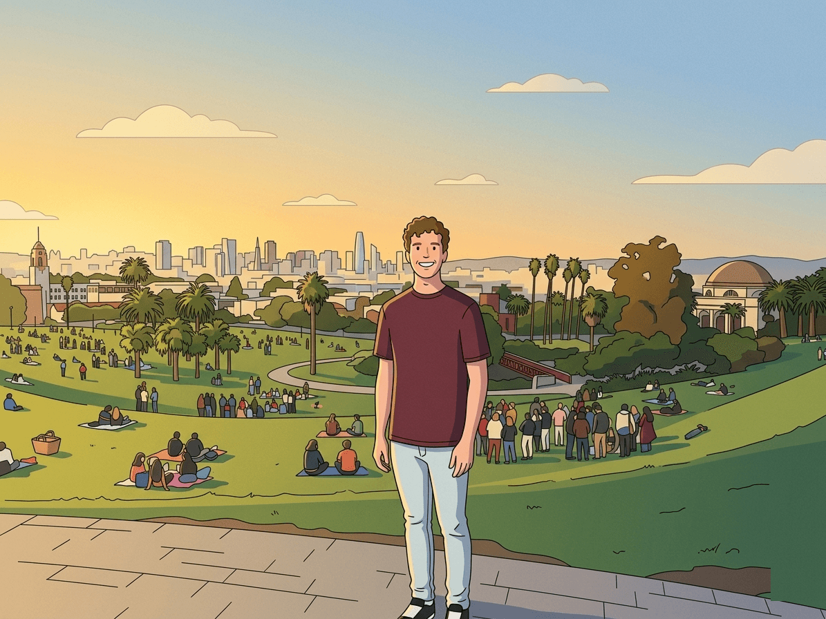 Tommy standing in Dolores Park with the San Francisco skyline behind him