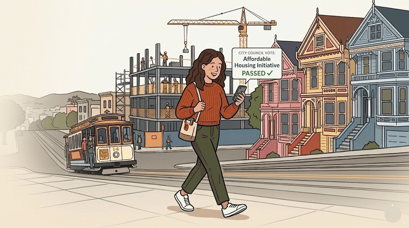 Person walking through San Francisco reading CitySmart on their phone